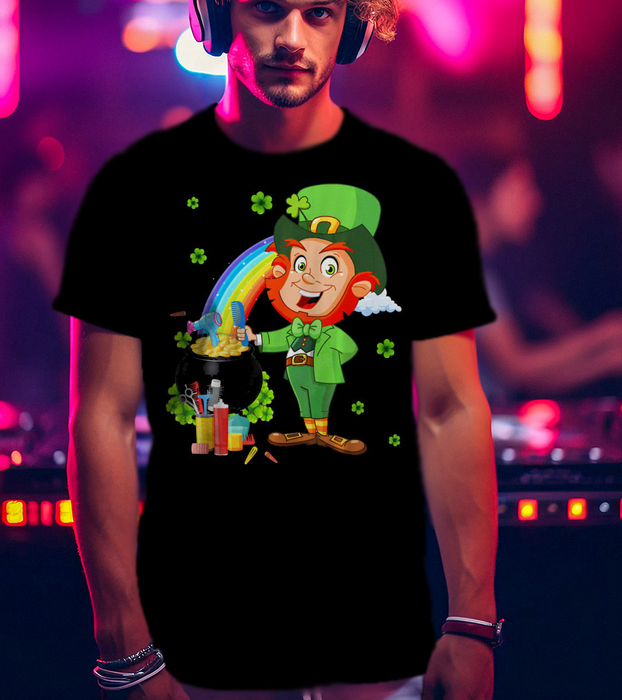 Medical Scrub Hairstylist Leprechaun Pat With Rainbow And Pot Of Gold Barber Tools T-Shirt
