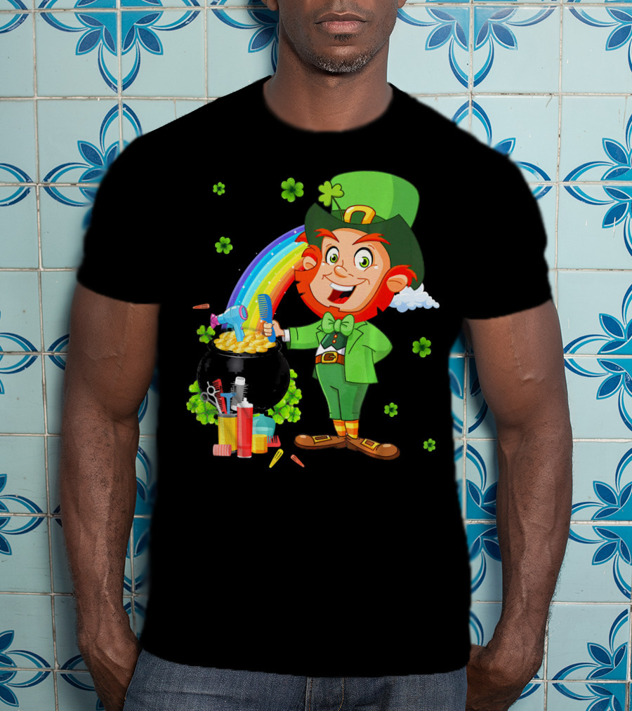 Medical Scrub Hairstylist Leprechaun Pat With Rainbow And Pot Of Gold Barber Tools T-Shirt