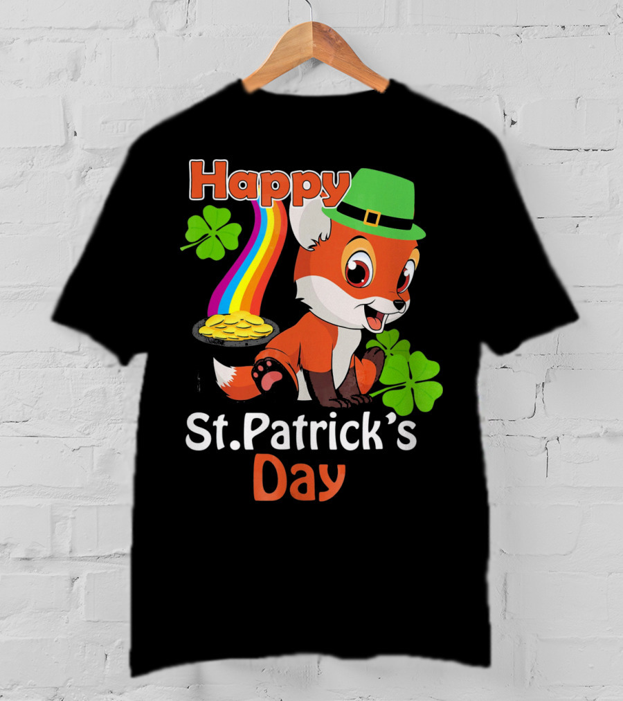 Happy St Patrick's Day Funny Fox Rainbow Clover Gold T-Shirt