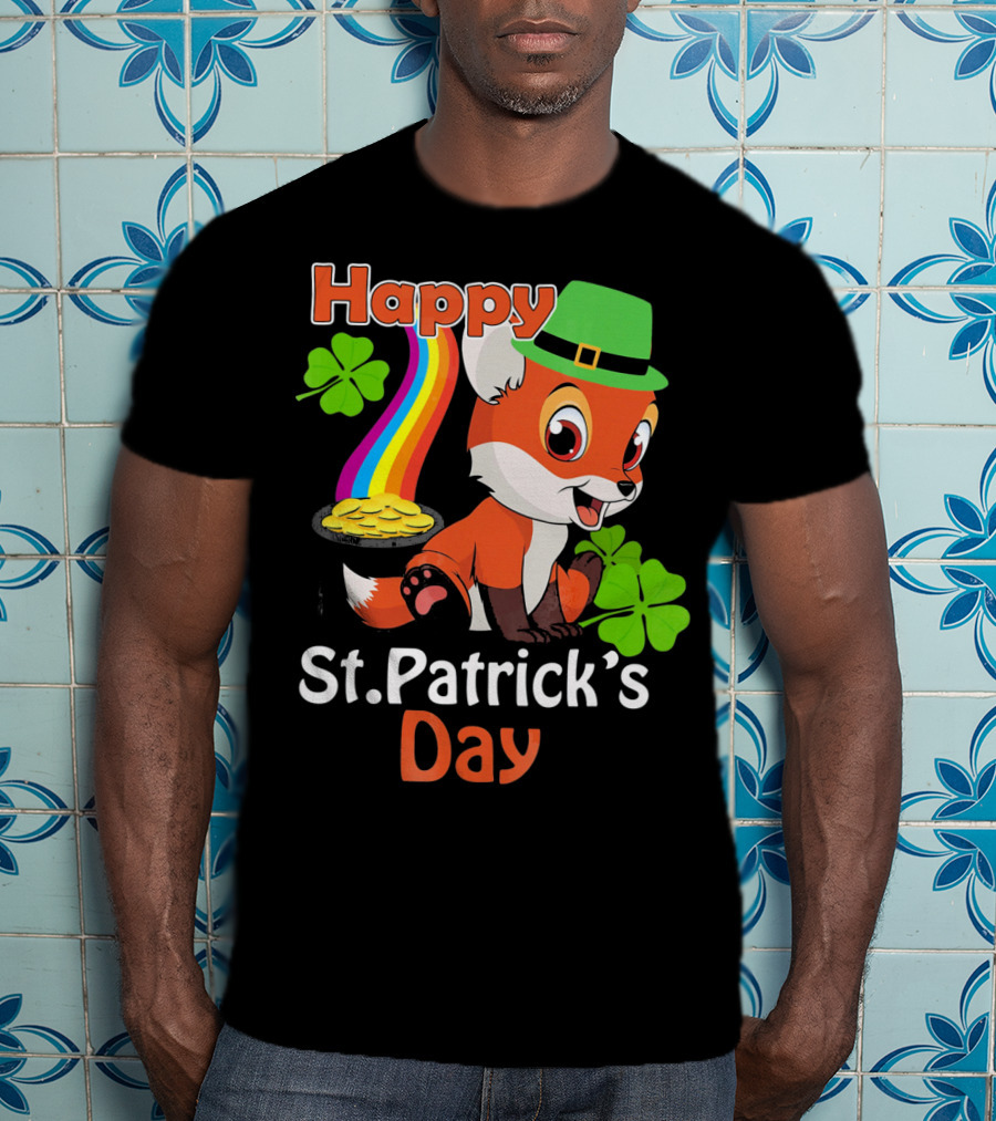Happy St Patrick's Day Funny Fox Rainbow Clover Gold T-Shirt