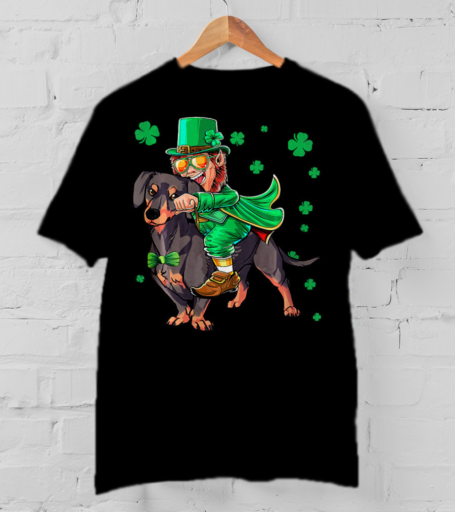 Leprechaun Riding Miniature Dachshund With Shamrocks T-Shirt
