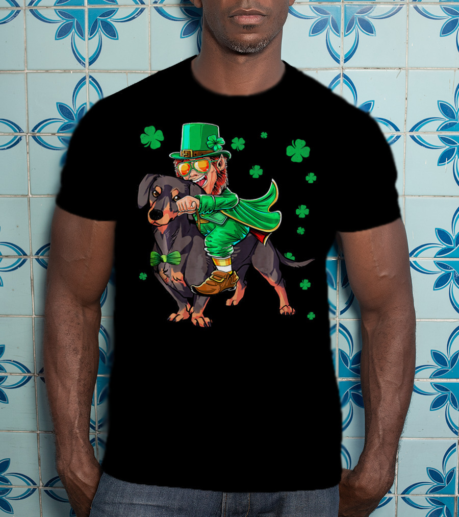 Leprechaun Riding Miniature Dachshund With Shamrocks T-Shirt