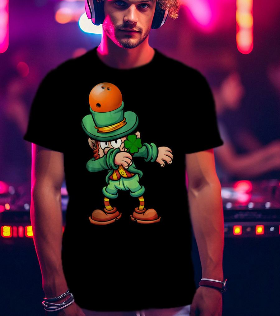 Dabbing Leprechaun Wearing Bowling Ball Hat Holding Shamrock T-Shirt
