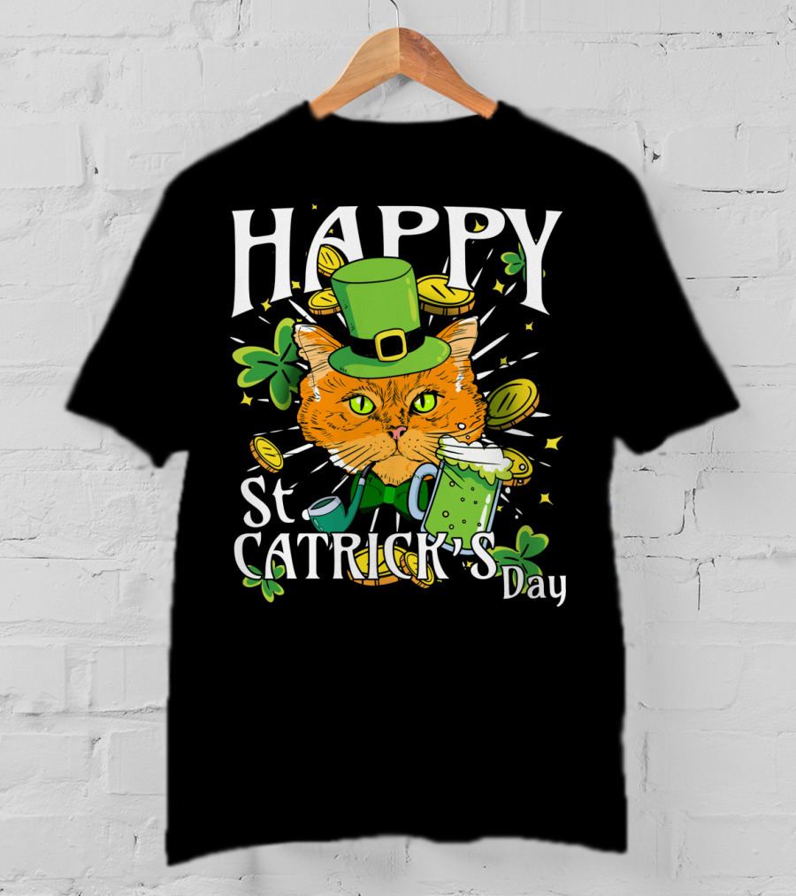 Happy St. Catricks Day Funny St. Patrick Cat Clover Coins T-Shirt