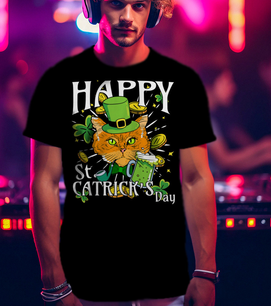 Happy St. Catricks Day Funny St. Patrick Cat Clover Coins T-Shirt
