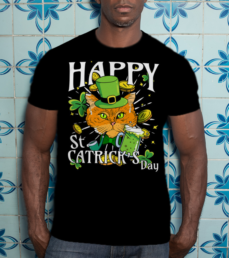 Happy St. Catricks Day Funny St. Patrick Cat Clover Coins T-Shirt