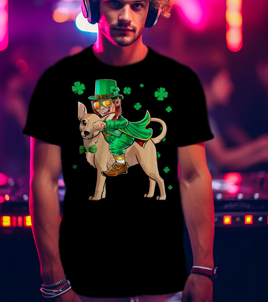 Leprechaun Riding Chihuahua With Shamrocks St. Patrick's Day T-Shirt