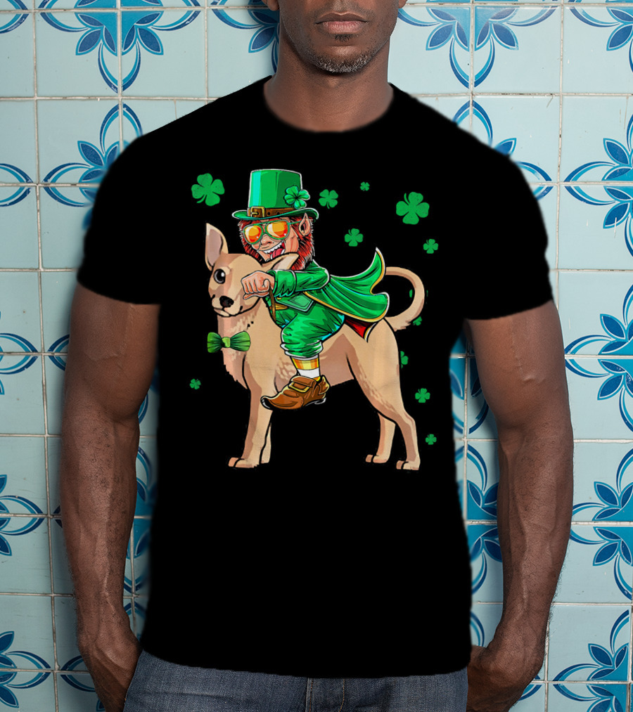 Leprechaun Riding Chihuahua With Shamrocks St. Patrick's Day T-Shirt