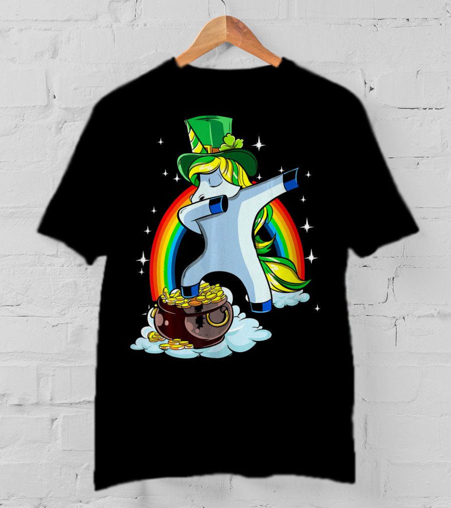 St Patricks Day Dabbing Unicorn Rainbow Pot Of Gold T-Shirt