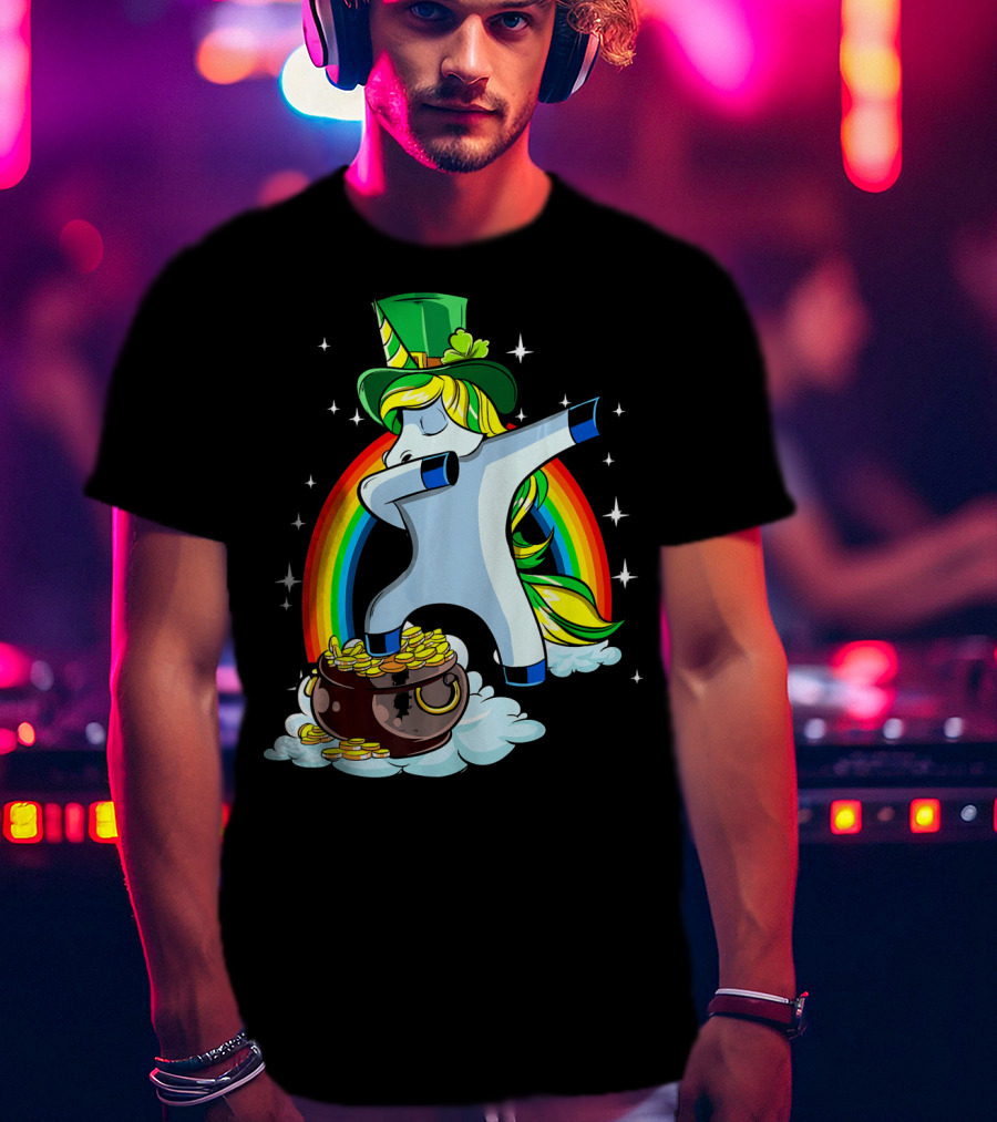 St Patricks Day Dabbing Unicorn Rainbow Pot Of Gold T-Shirt