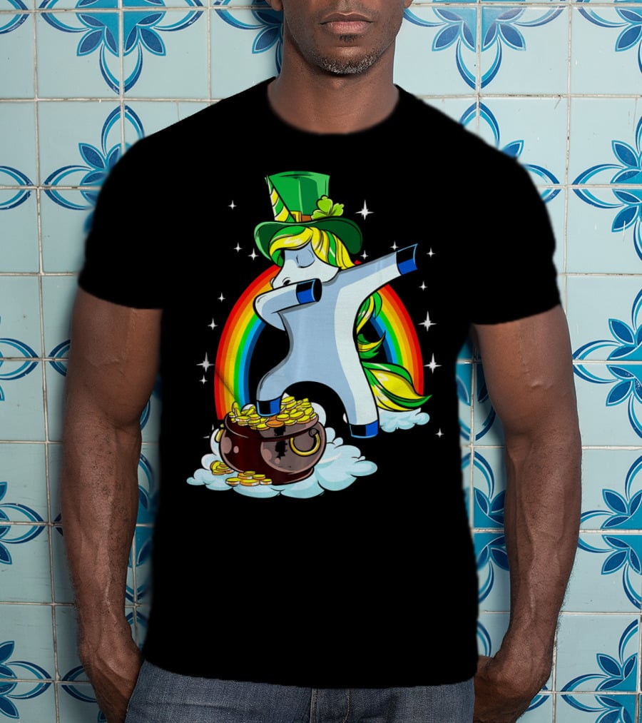 St Patricks Day Dabbing Unicorn Rainbow Pot Of Gold T-Shirt