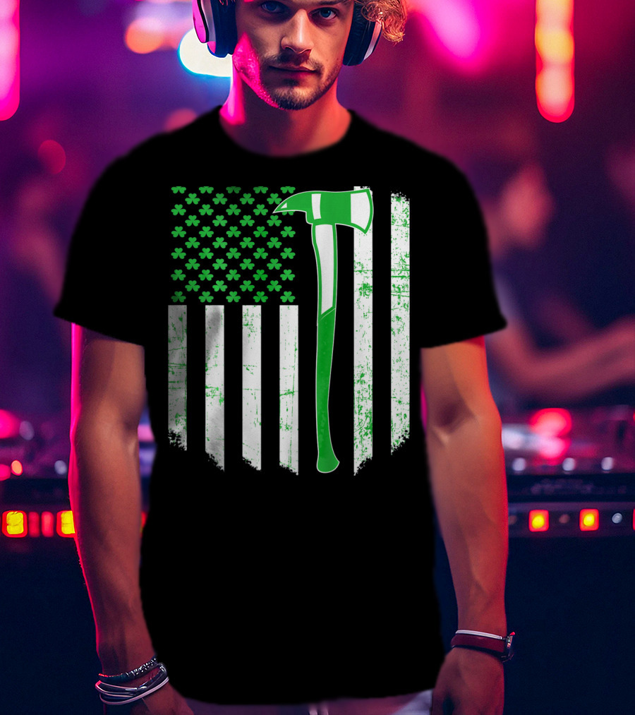 Irish Shamrock Flag Firefighter Axe T-Shirt