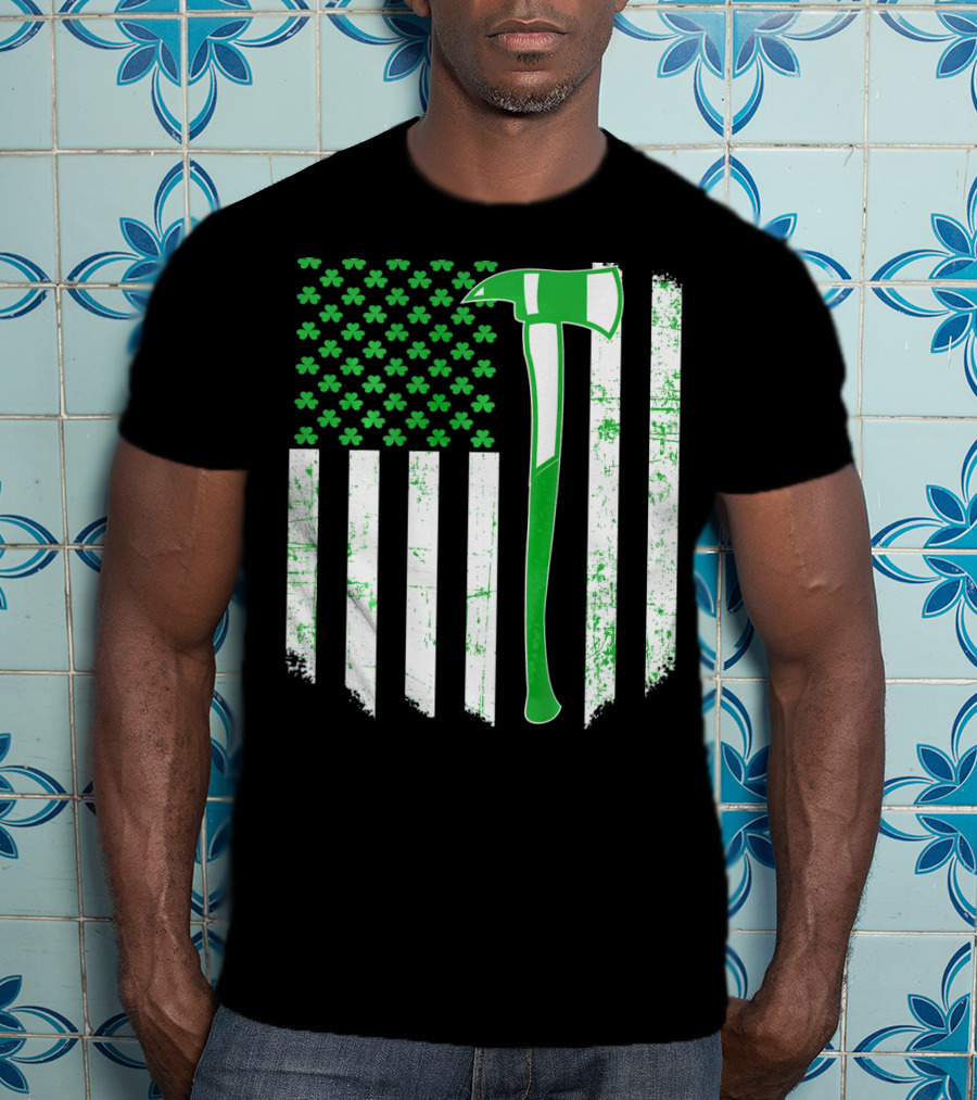 Irish Shamrock Flag Firefighter Axe T-Shirt