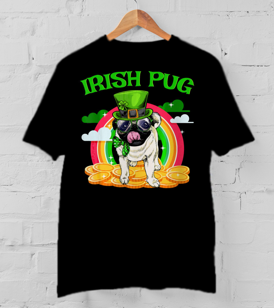 Irish Pug Funny St Patricks Day Leprechaun Rainbow Coins T-Shirt