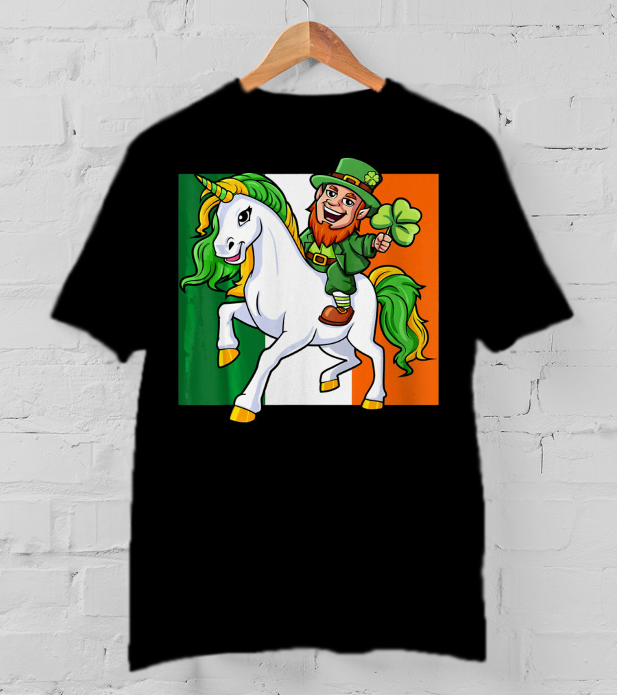 Leprechaun Riding Unicorn Irish Flag St Patricks Day T-Shirt