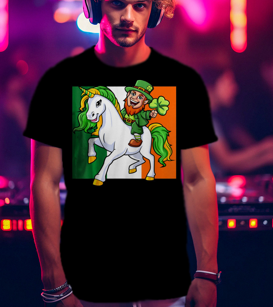 Leprechaun Riding Unicorn Irish Flag St Patricks Day T-Shirt