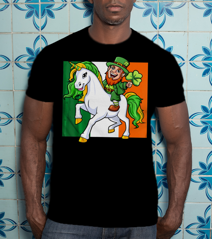 Leprechaun Riding Unicorn Irish Flag St Patricks Day T-Shirt