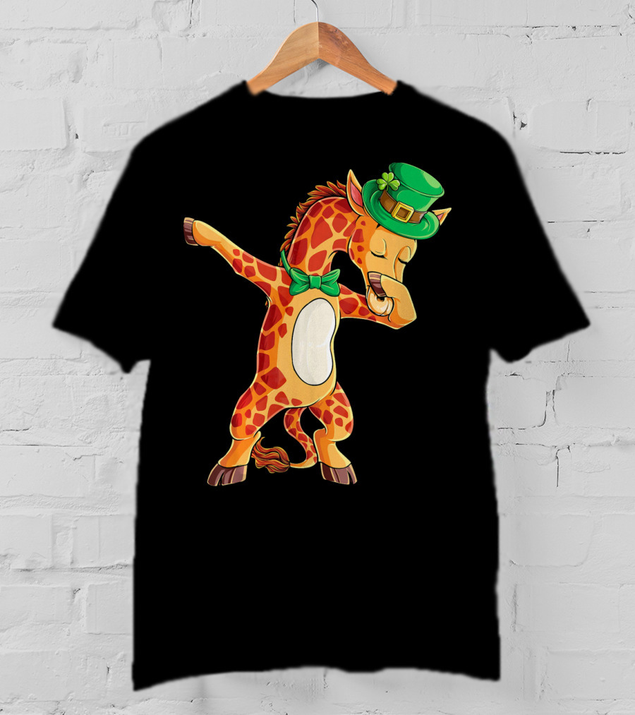 Giraffe Dabbing Leprechaun Hat Bow Tie T-Shirt