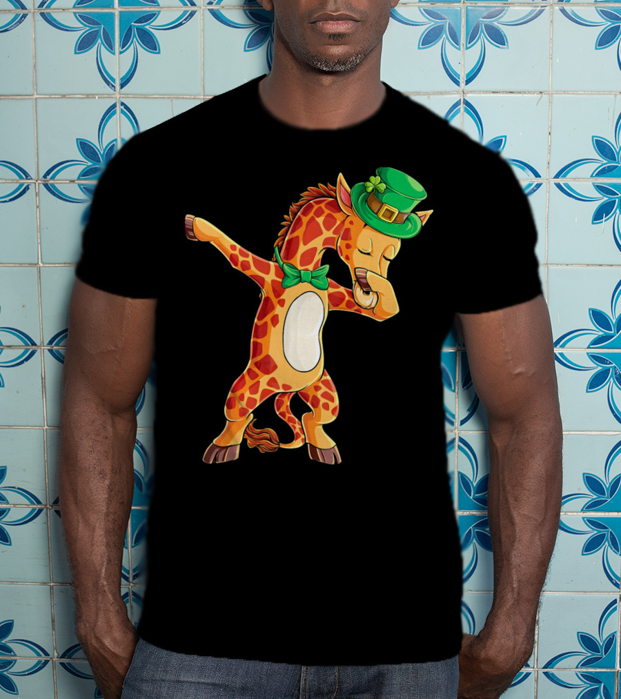 Giraffe Dabbing Leprechaun Hat Bow Tie T-Shirt