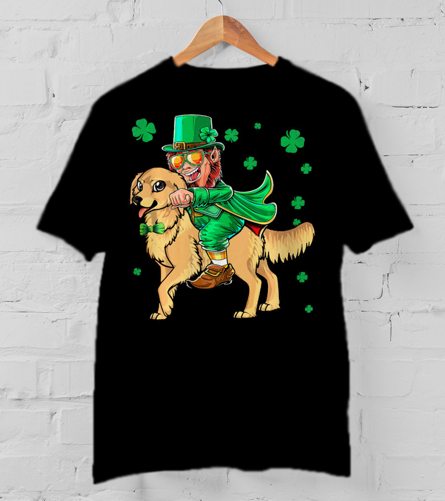 Leprechaun Riding Golden Retriever With Shamrocks T-Shirt