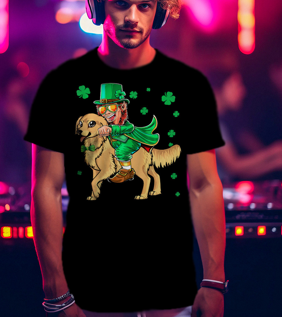 Leprechaun Riding Golden Retriever With Shamrocks T-Shirt