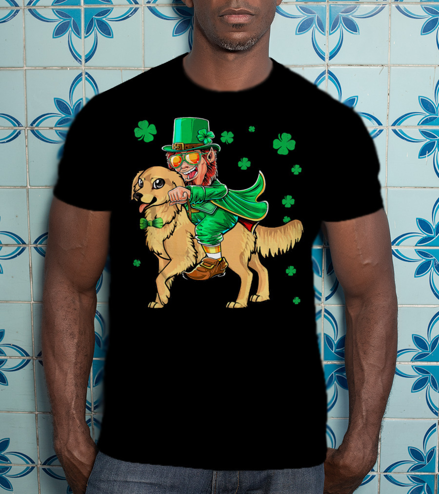 Leprechaun Riding Golden Retriever With Shamrocks T-Shirt