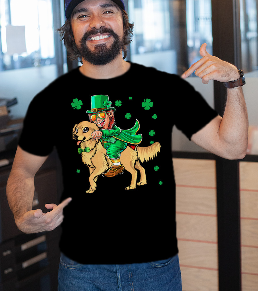 Leprechaun Riding Golden Retriever With Shamrocks T-Shirt