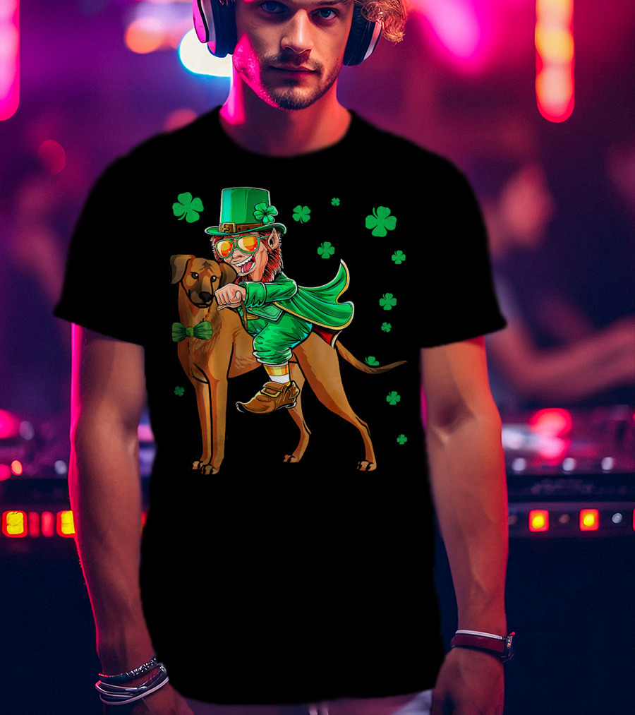 Leprechaun On Rhodesian Ridgeback With Shamrocks T-Shirt