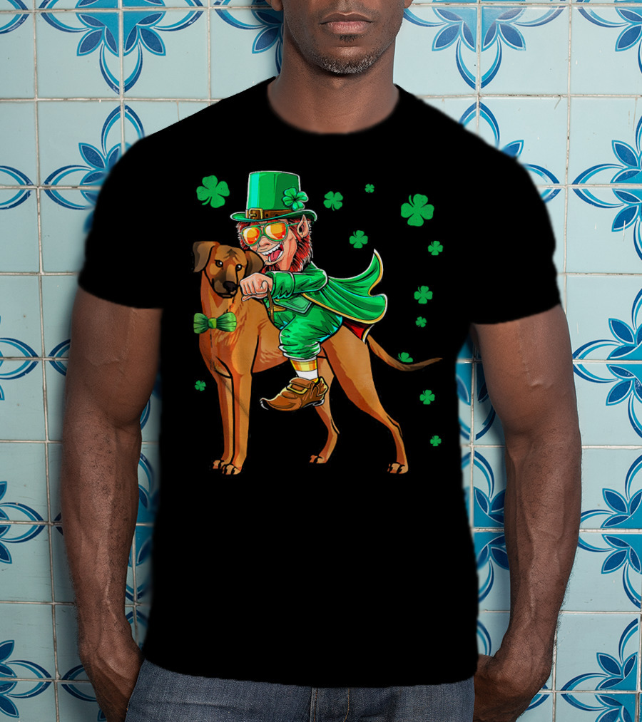 Leprechaun On Rhodesian Ridgeback With Shamrocks T-Shirt