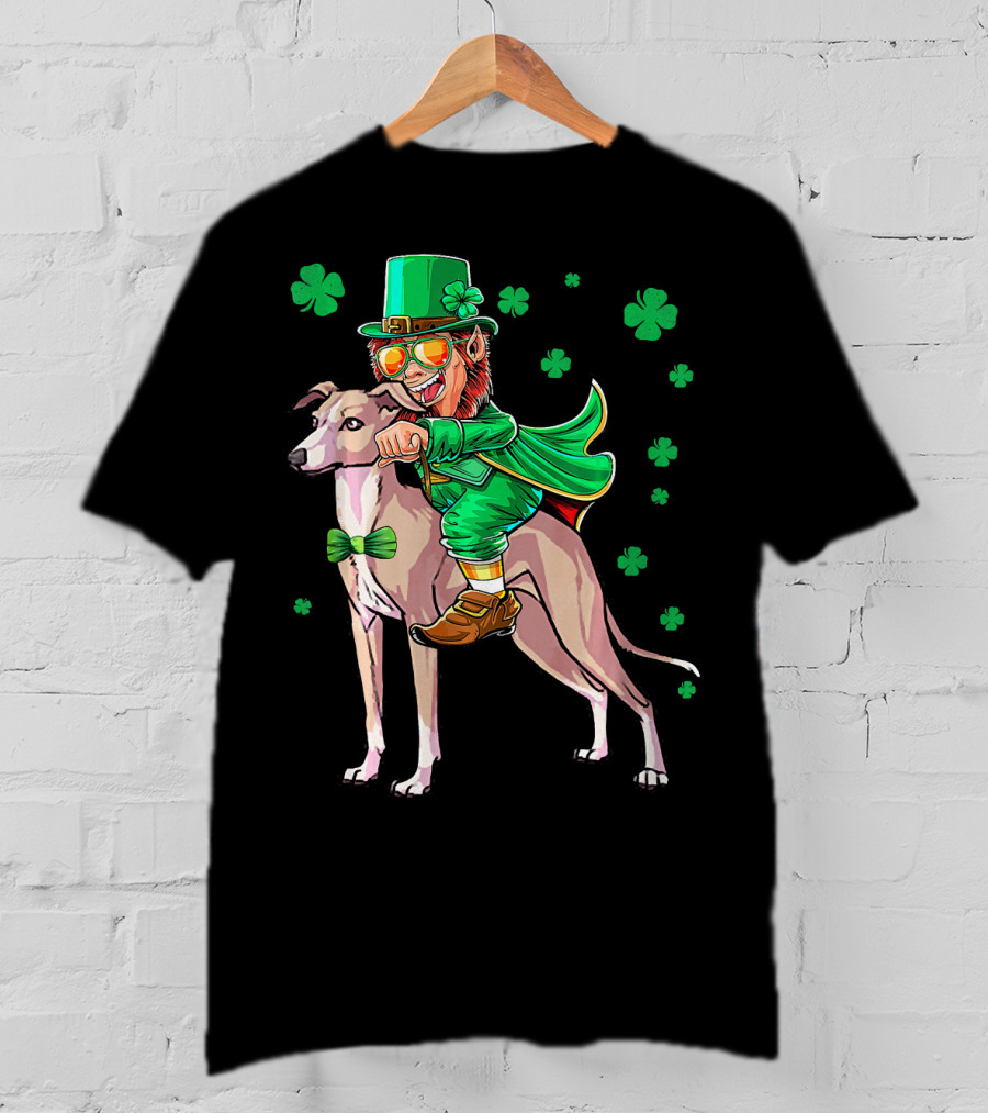 Leprechaun Riding Italian Greyhound With Shamrocks T-Shirt