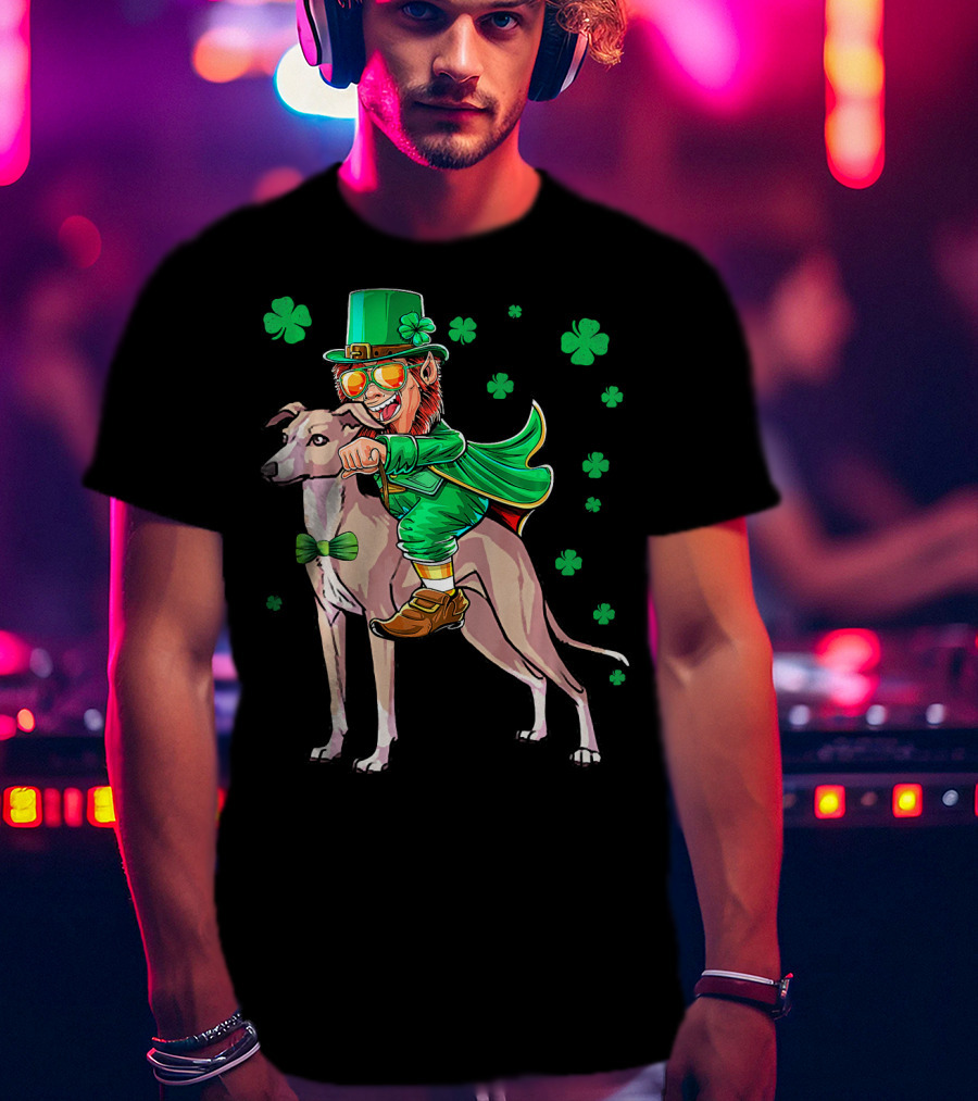 Leprechaun Riding Italian Greyhound With Shamrocks T-Shirt