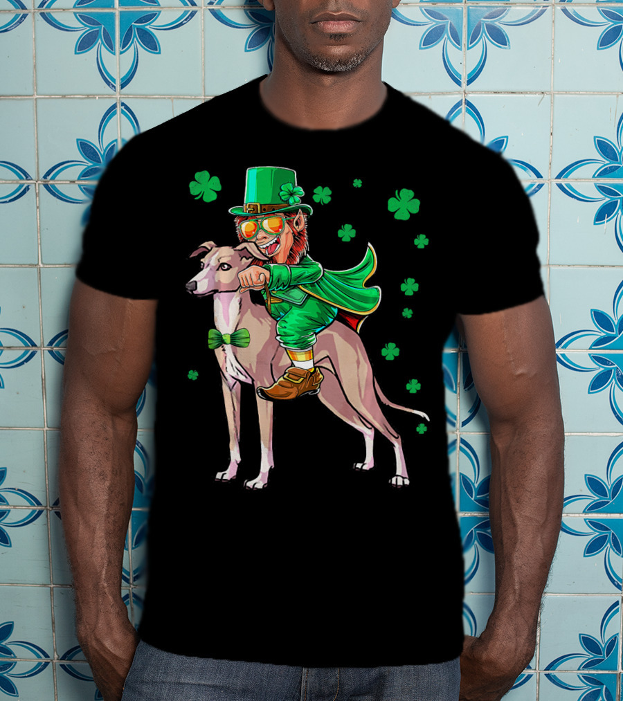 Leprechaun Riding Italian Greyhound With Shamrocks T-Shirt