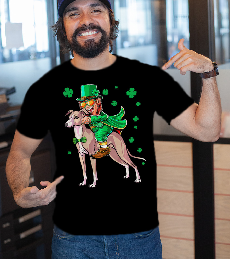Leprechaun Riding Italian Greyhound With Shamrocks T-Shirt