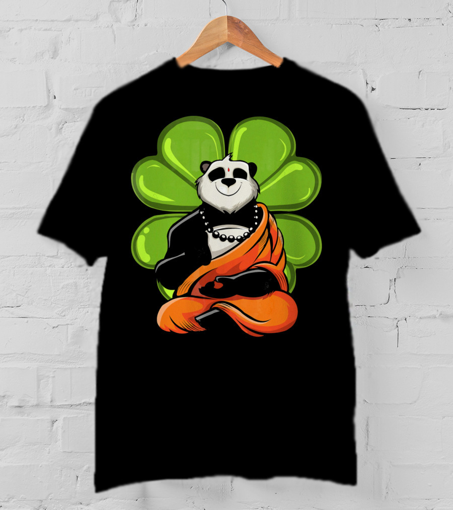 Panda Bear Buddha Zen Meditation With Lucky Four-Leaf Clover T-Shirt