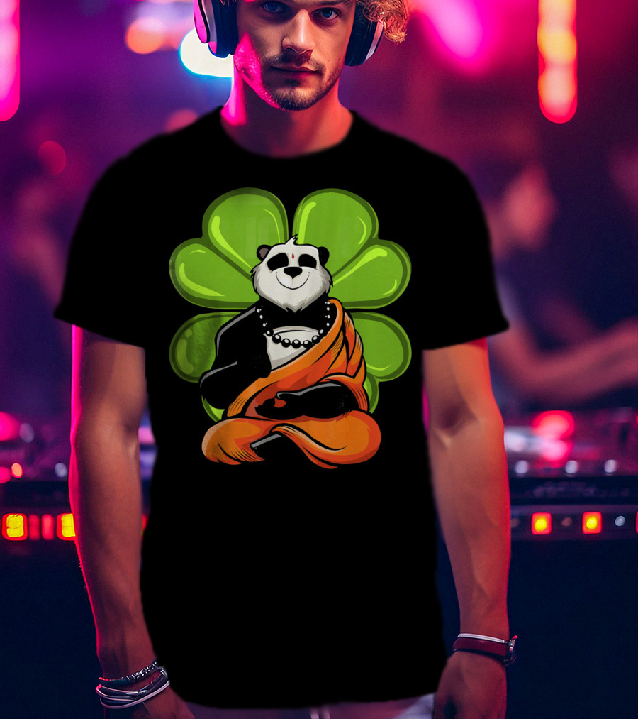 Panda Bear Buddha Zen Meditation With Lucky Four-Leaf Clover T-Shirt