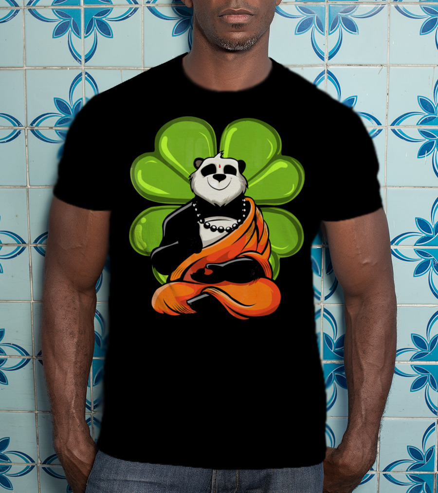 Panda Bear Buddha Zen Meditation With Lucky Four-Leaf Clover T-Shirt