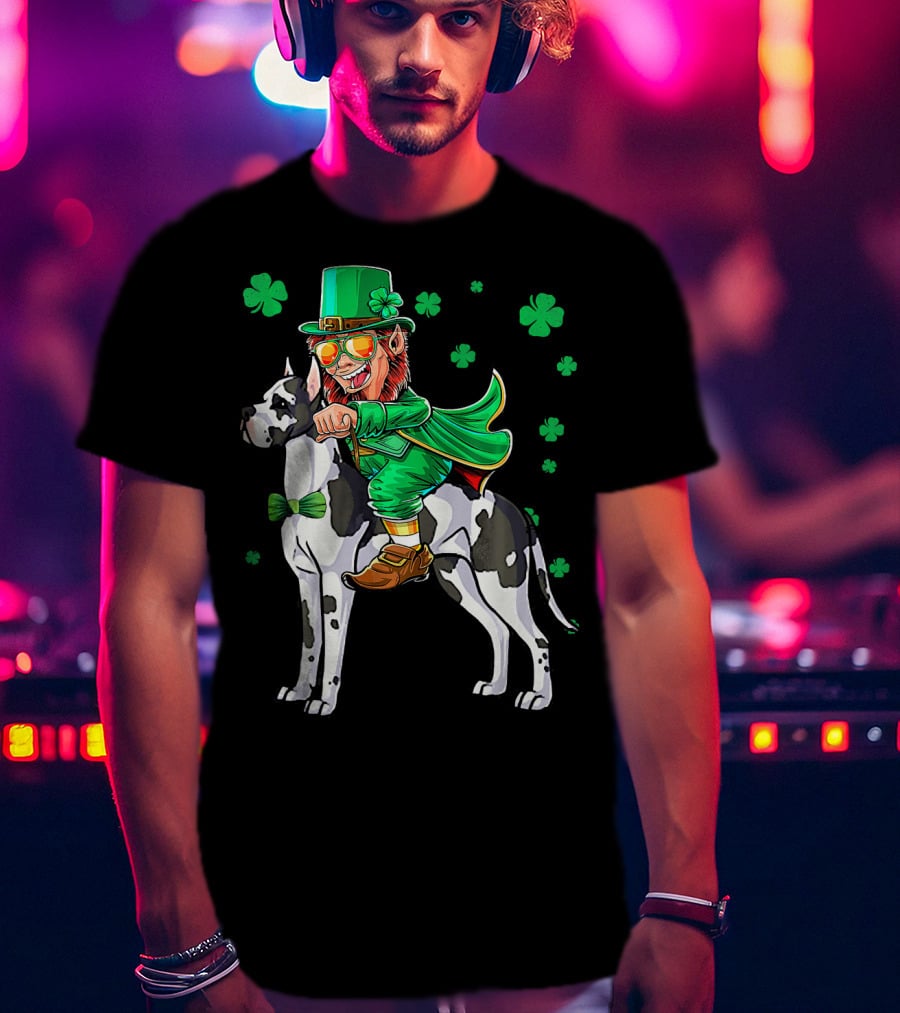 Leprechaun Riding Great Dane With Shamrocks St. Patri T-Shirt