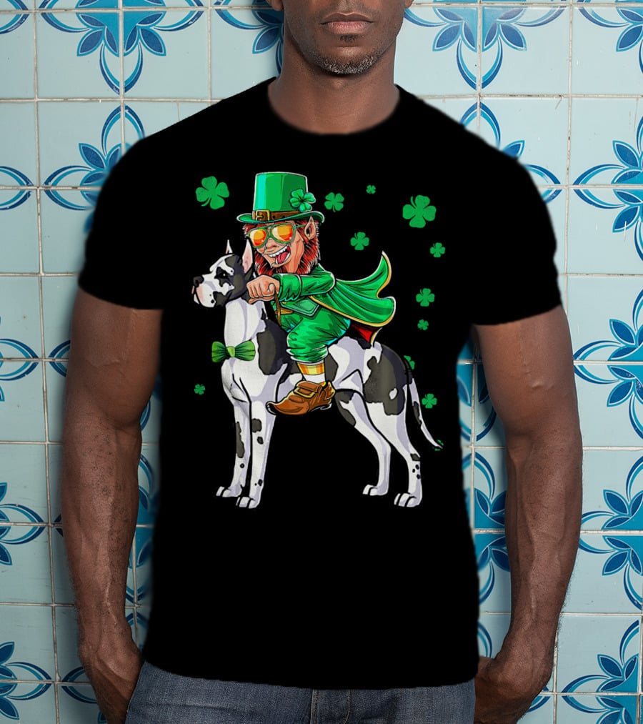 Leprechaun Riding Great Dane With Shamrocks St. Patri T-Shirt