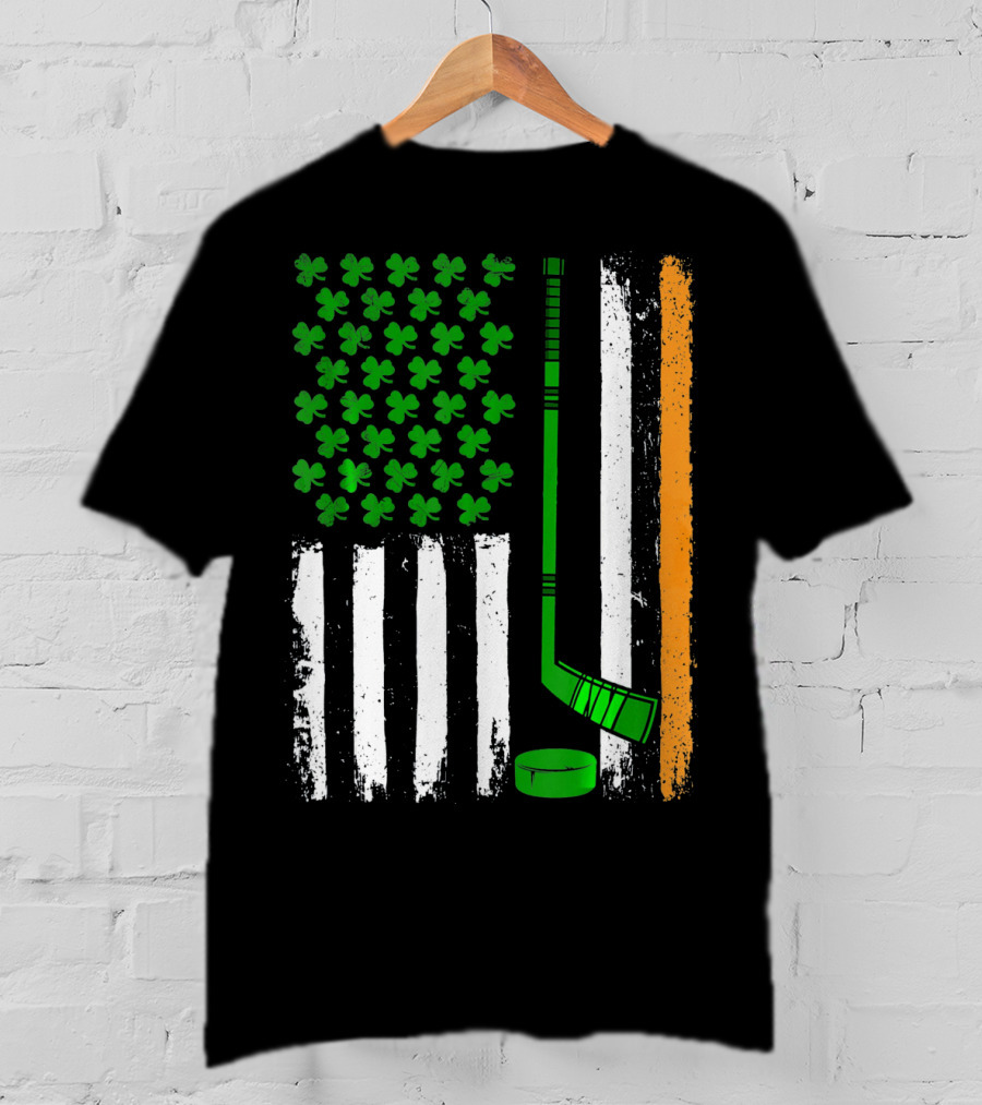 Hockey St Patricks Irish American Flag Shamrock Hockey Stick T-Shirt