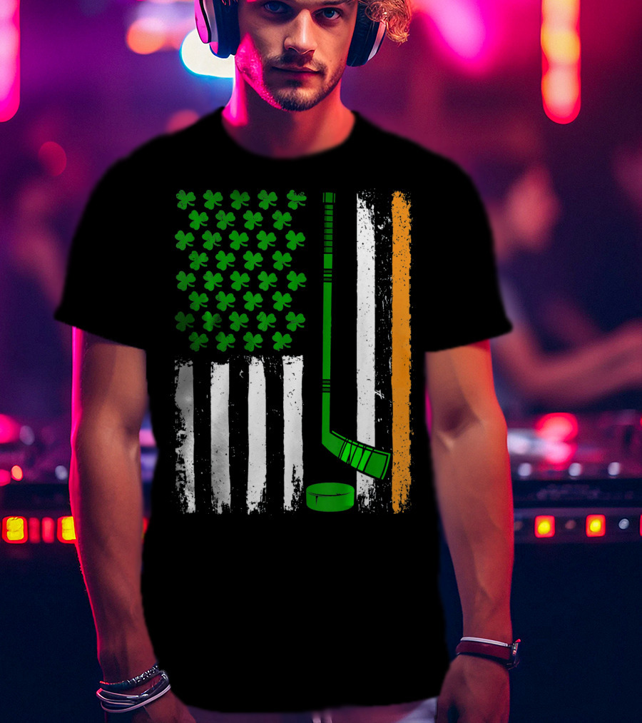 Hockey St Patricks Irish American Flag Shamrock Hockey Stick T-Shirt