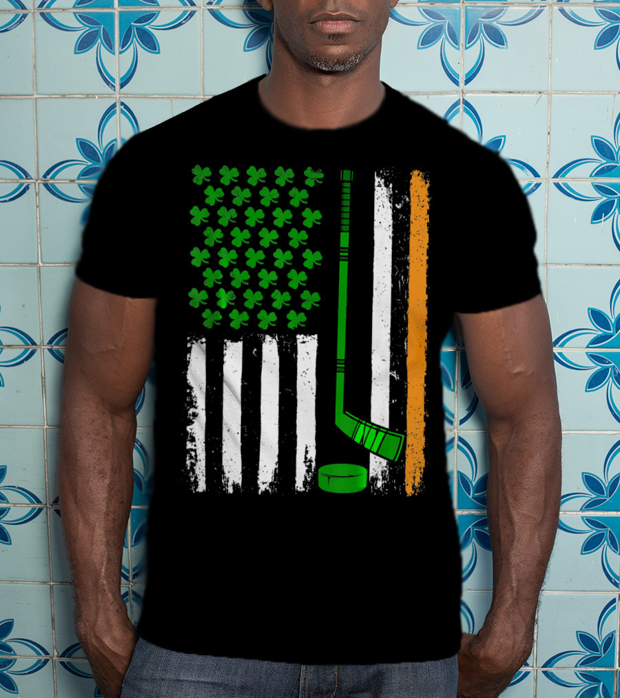Hockey St Patricks Irish American Flag Shamrock Hockey Stick T-Shirt