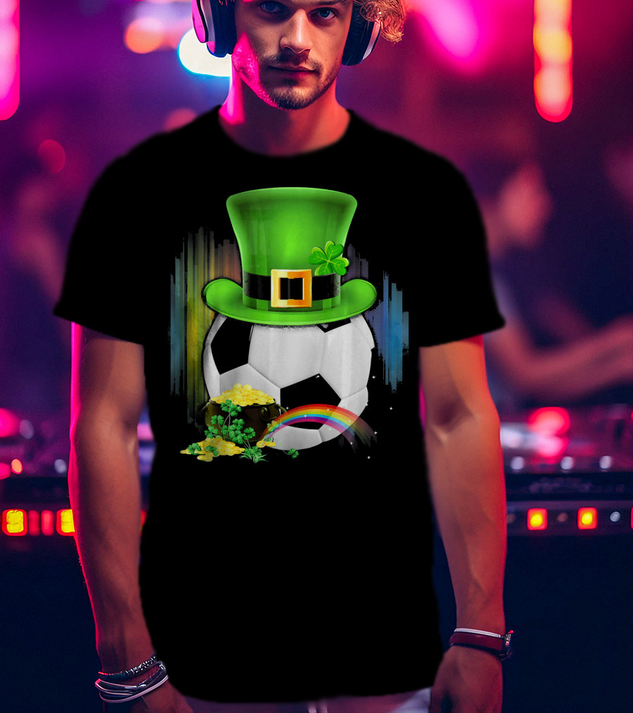 Soccer Ball Leprechaun Hat Pot Of Gold Rainbow Saint Patricks T-Shirt