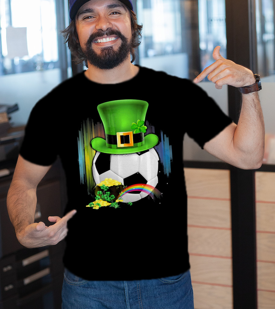 Soccer Ball Leprechaun Hat Pot Of Gold Rainbow Saint Patricks T-Shirt