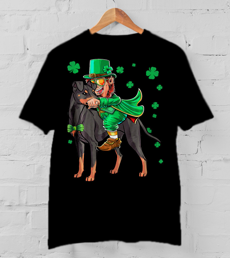 Leprechaun Riding Manchester Terrier With Shamrocks T-Shirt