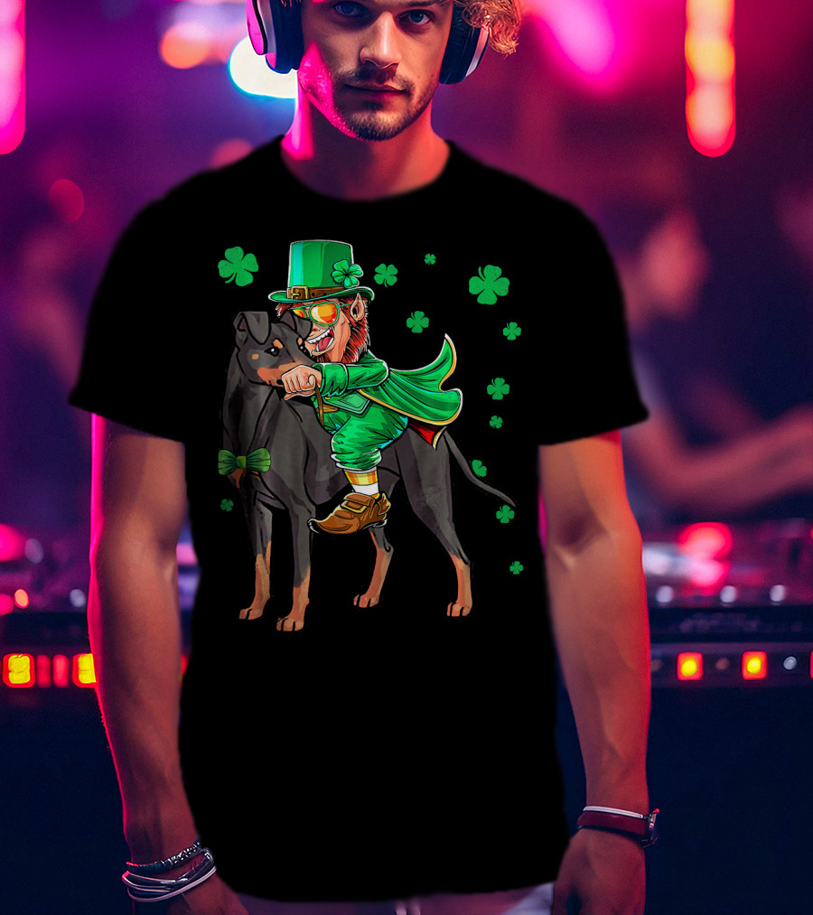 Leprechaun Riding Manchester Terrier With Shamrocks T-Shirt
