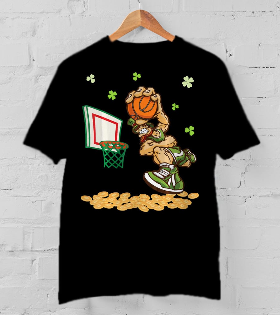 Leprechaun Dunking Basketball Surrounded By Shamrocks And Gold Coins T-Shirt