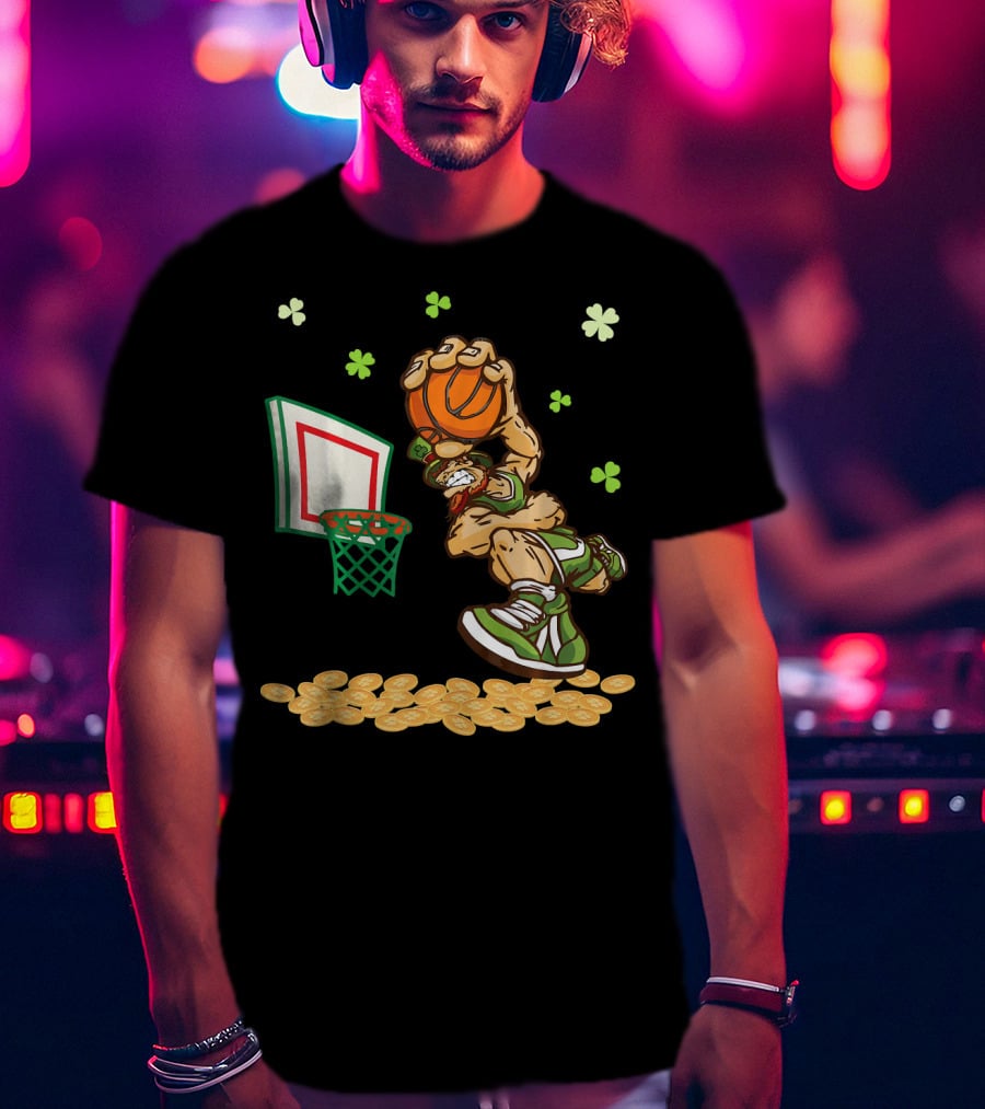 Leprechaun Dunking Basketball Surrounded By Shamrocks And Gold Coins T-Shirt