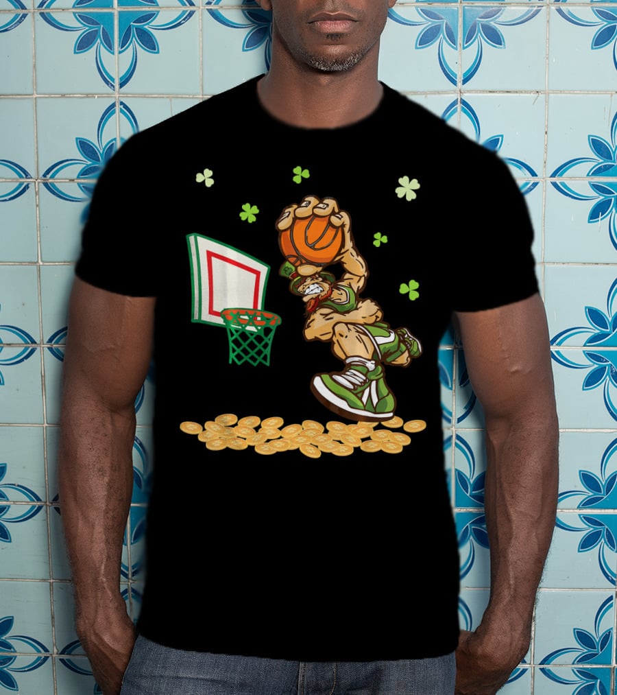 Leprechaun Dunking Basketball Surrounded By Shamrocks And Gold Coins T-Shirt