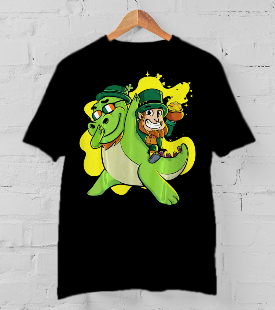 Dabbing Dinosaur And Leprechaun With Gold For St Patrick's Day T-Shirt