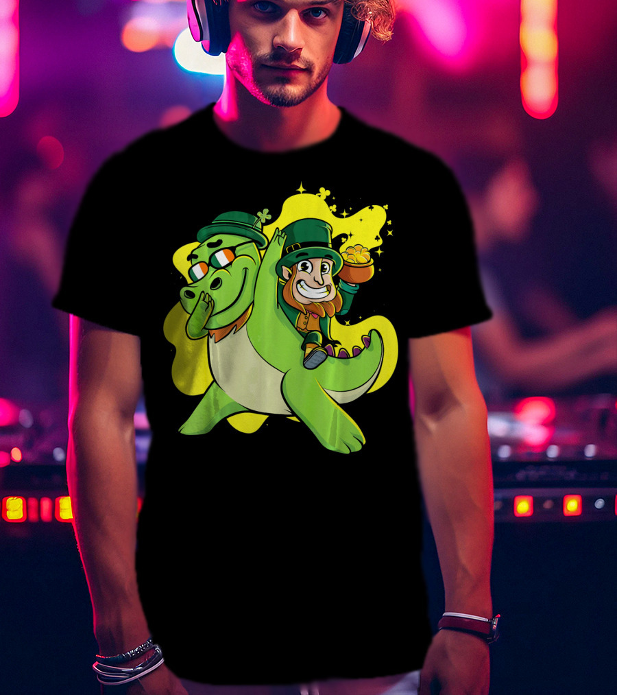 Dabbing Dinosaur And Leprechaun With Gold For St Patrick's Day T-Shirt